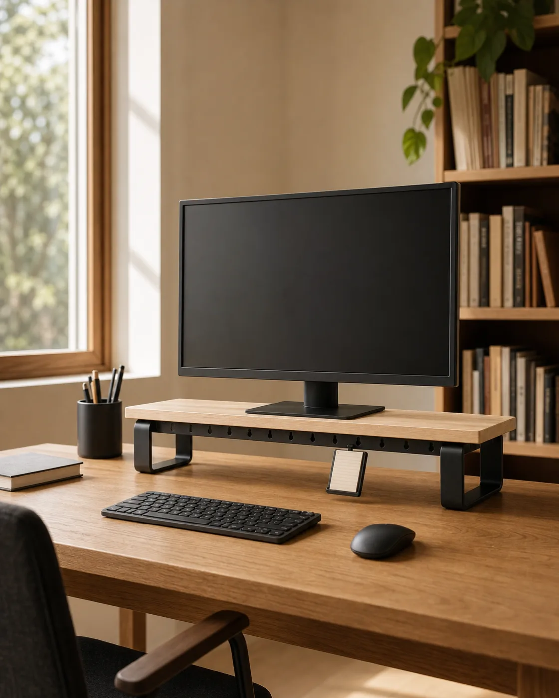 Home-office masasında monitör ve klavyeyle kullanılan Axis Deck