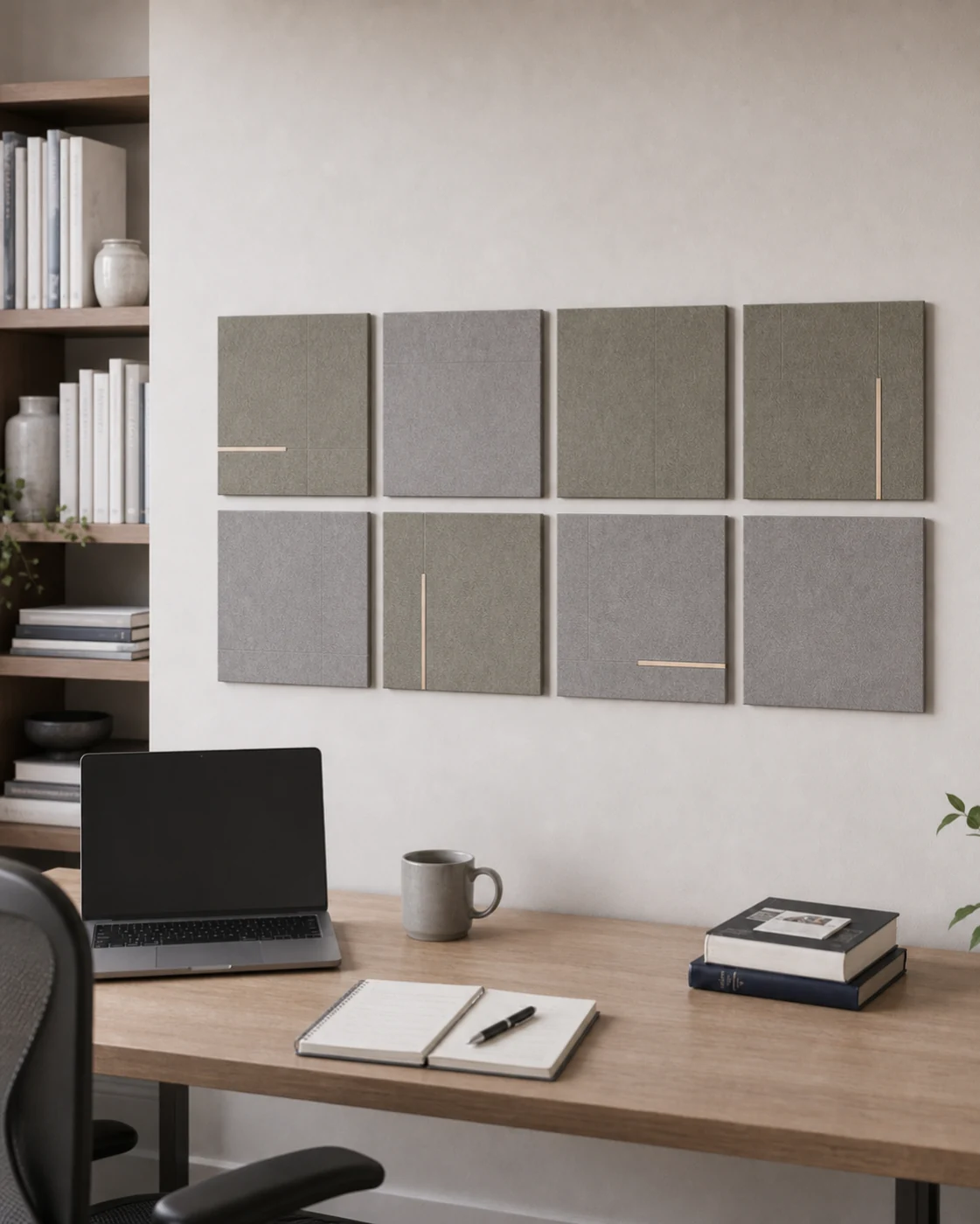 Home-office duvarında sekiz parçalı Grid 01 kompozisyonu